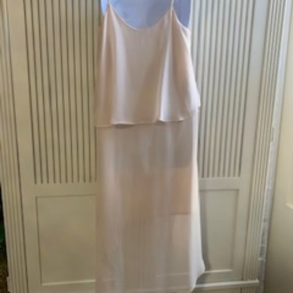 Champagne colored spaghetti strap high low dress with sheer overlay- L - Picture 3 of 3